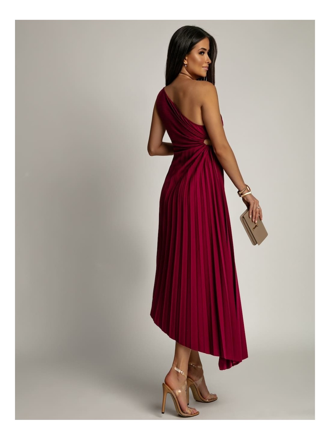 Elegant pleated dress with a flower, plum, AZRHP6987